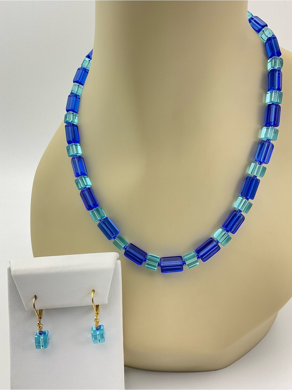 Blue Glass Bead Necklace with Matching Earrings, Cobalt Blue and Aqua, Handmade